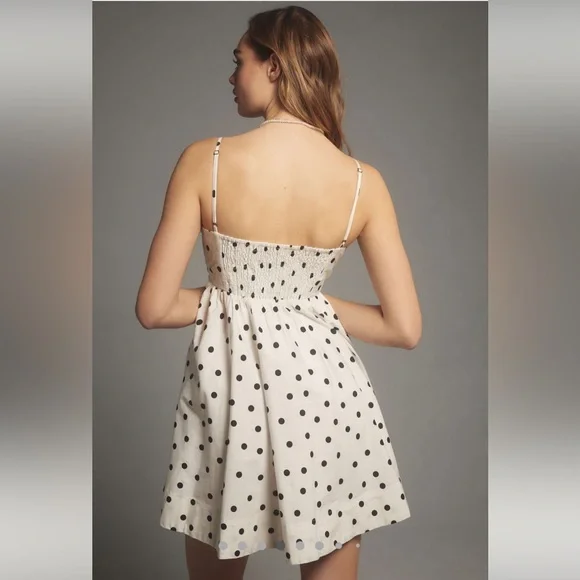 Maeve Anthropologie Square-Neck Babydoll Mini Dress cream black polka dot  Medium Women